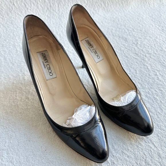 Jimmy Choo patent leather pumps 37.5 US 7.5 almond toe heels Italy - Picture 1 of 10
